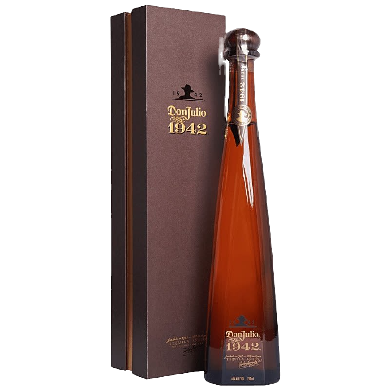 Bottle of Don Julio 1942 rum with a matching box on a white background