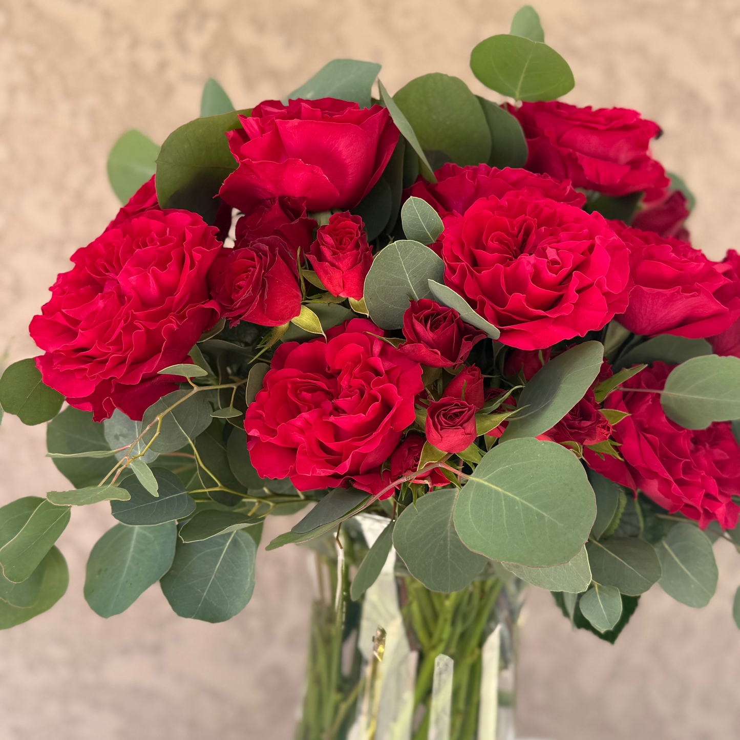 Bouquet of red roses with green leaves in a clear vase on a neutral background
