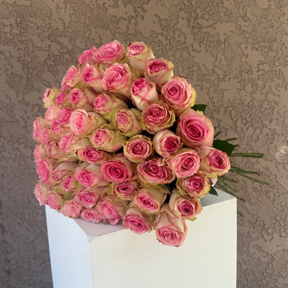 Bouquet of pink roses in a white vase against a textured wall.